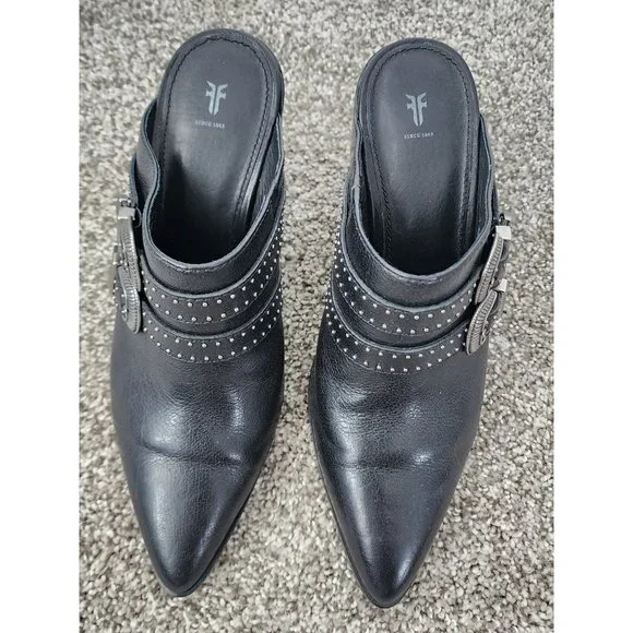 Frye black leather Flynn belted heeled pointed toe mules 10